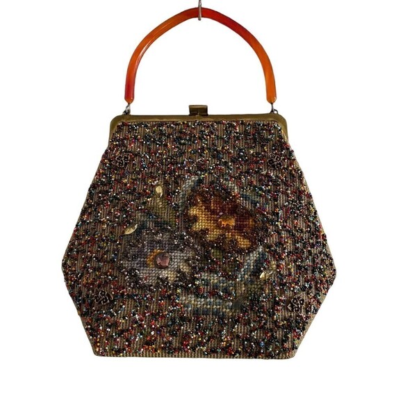 Vintage Soure' Bag New York Needlepoint Beaded Rhinestones Lucite Handle - Picture 1 of 8